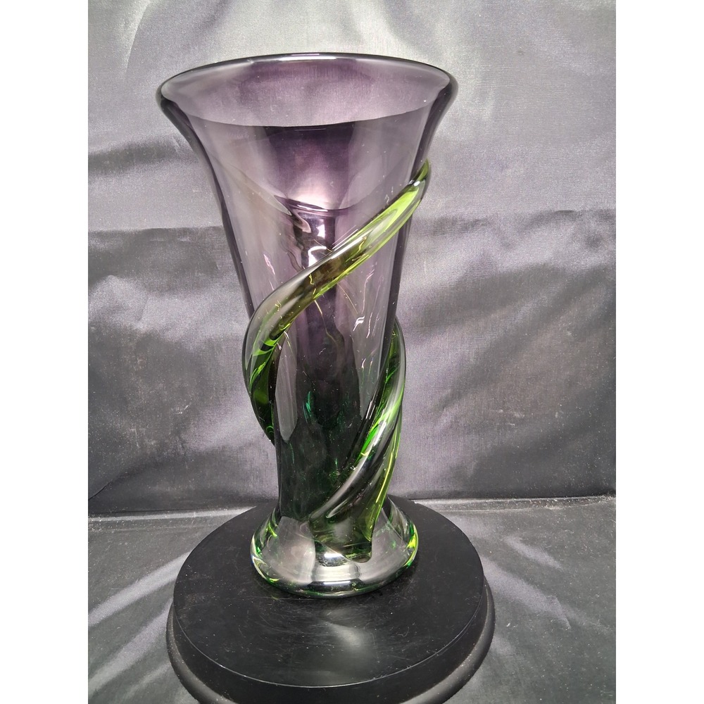 Teleflora Gift Art Glass Vase Purple with Green Spiral Wrap Flared Trumpet 9in